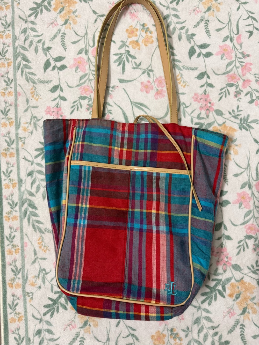 Lauren Ralph Lauren Red Multicolor Plaid Tote with Tan Trim